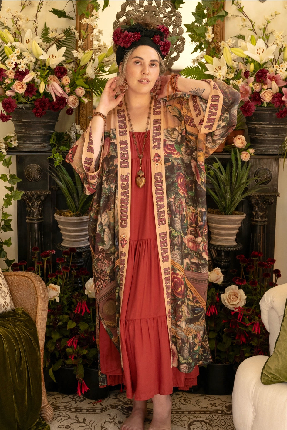 Courage Dear Heart Boho Kimono Duster Robe with Sacred Heart