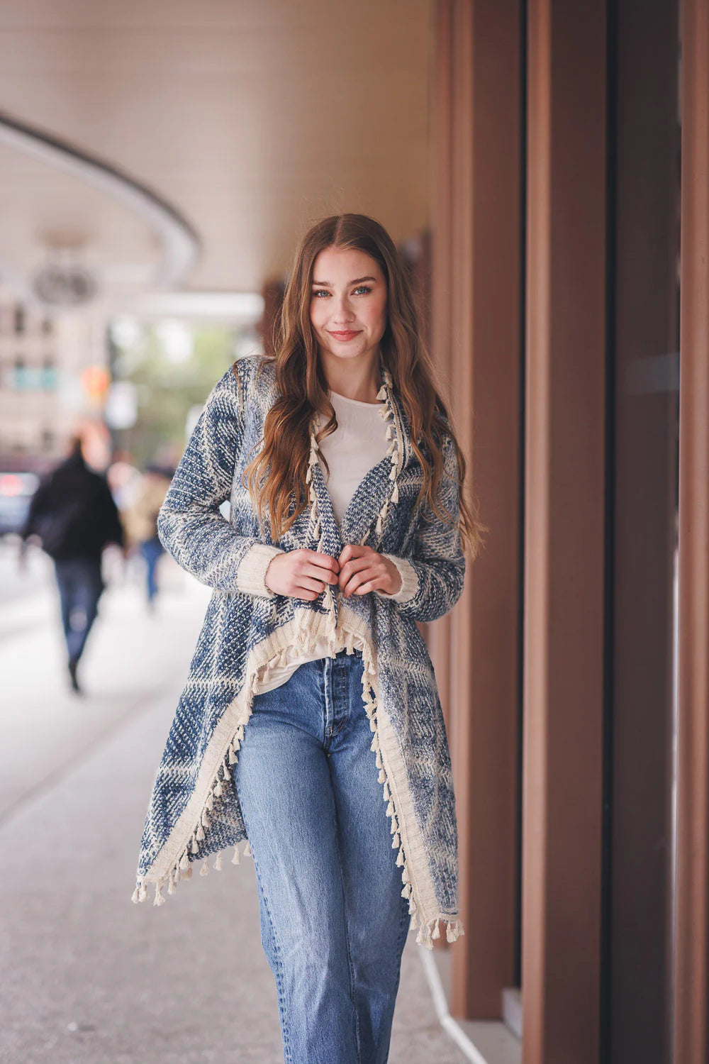 Diamond Print Open Cardigan Blue